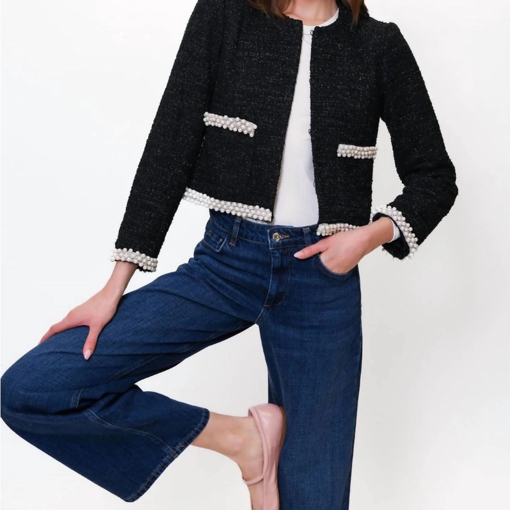 HUTCH Black Tweed Jacket with Pearl Accents